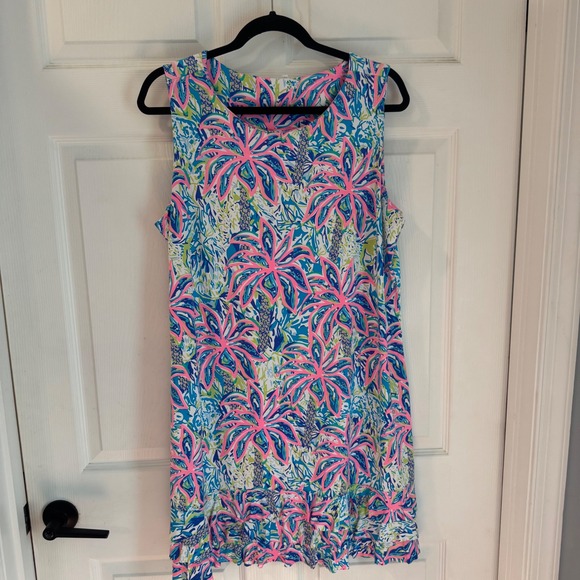 Lilly Pulitzer Dresses & Skirts - Lilly Pulitzer Shift Dress Women's Sz XL Blue Pink Tropical Ruffle Hem 0101292
